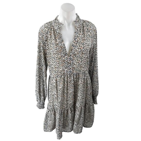 Saks Fifth Avenue Multicolor Floral Long Sleeve V Neck Tiered Mini Dress Size S - Picture 1 of 4